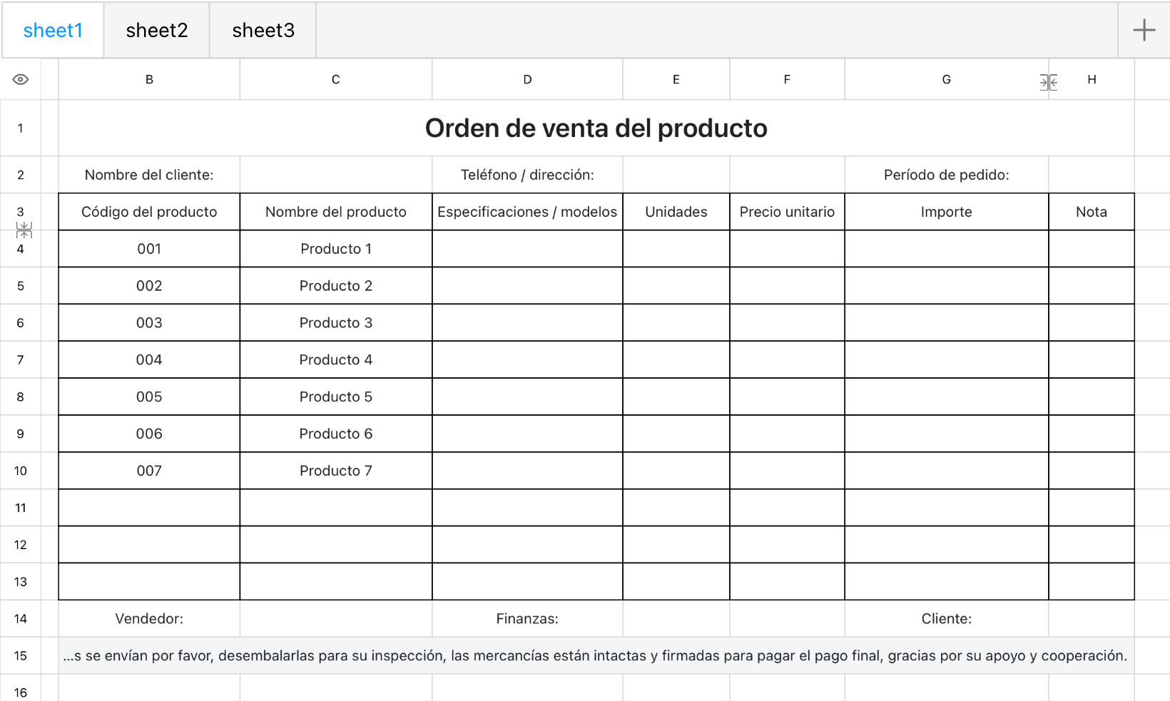 Orden de venta del producto